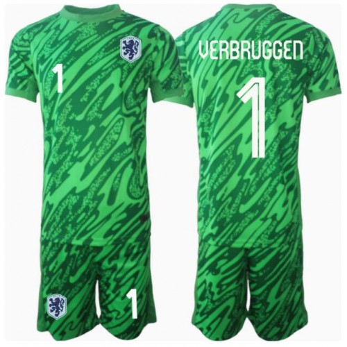 Fotballdrakt Barn Nederland Bart Verbruggen #1 Keeper Hjemmedraktsett EM 2024 Kortermet (+ Korte bukser)